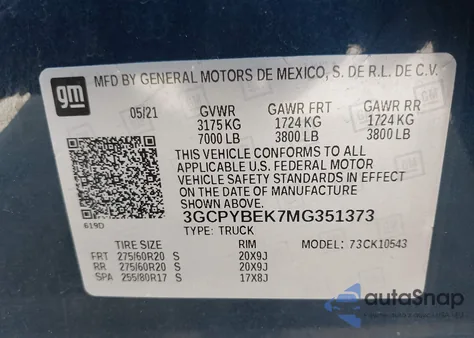 2021 Chevrolet Silverado 1500 4Wd Short Bed Custom from USA, damaged, VIN 3GCPYBEK7MG351373